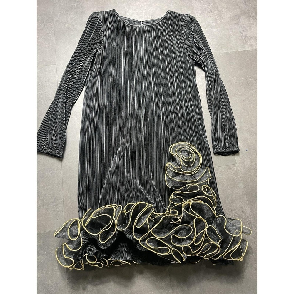 Vtg 80's After Dark Size 9-10 Dress Fringe Ruffle Black And Gold Gatsby F-141 - Picture 1 of 7